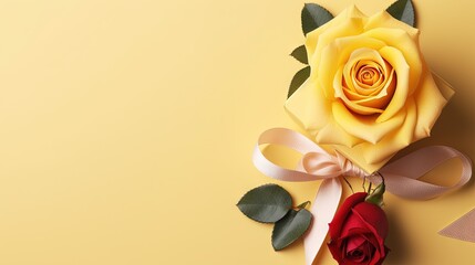 a yellow rose with a pink ribbon on a yellow background.  generative ai