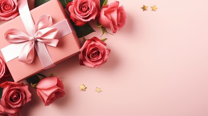  a pink box with a bow and a bunch of pink roses.  generative ai