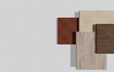 Interior mood board, top view sample of parquet on white background