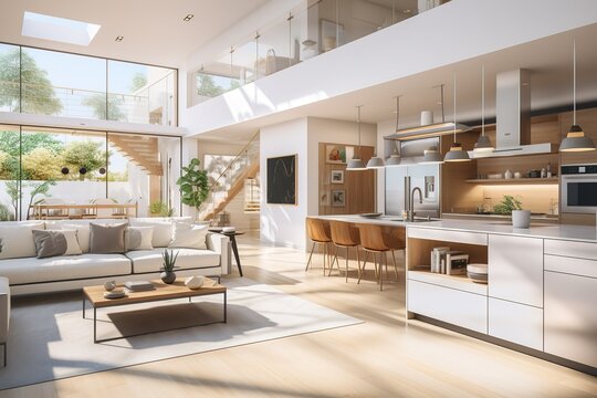 Scandinavian minimalism living room interior in new luxury home with open concept floor plan. Shows kitchen, dining room, and wall of windows with amazing exterior, Generative AI