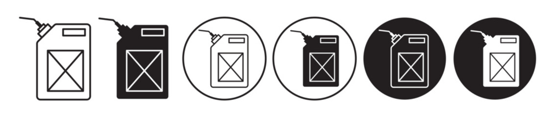 Canisters icon set. petrol, gasoline, fule or oil can vector symbol. black diesel plastic canister web sign. empty water can icons. car oil jerrycan symbol set.