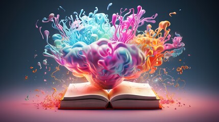  an open book with a colorful brain on top of it.  generative ai
