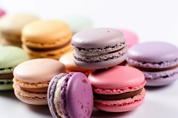 Obraz na płótnie Canvas Colorful Macarons - Famous in France on a Pure White Background - Created with Generative AI Tools