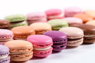 Fototapeta na wymiar Colorful Macarons - Famous in France on a Pure White Background - Created with Generative AI Tools