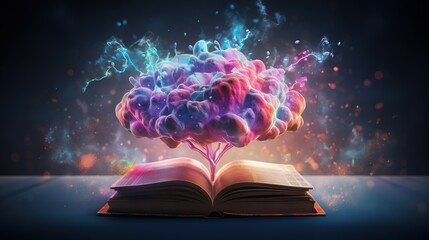  an open book with a colorful cloud of smoke coming out of it.  generative ai