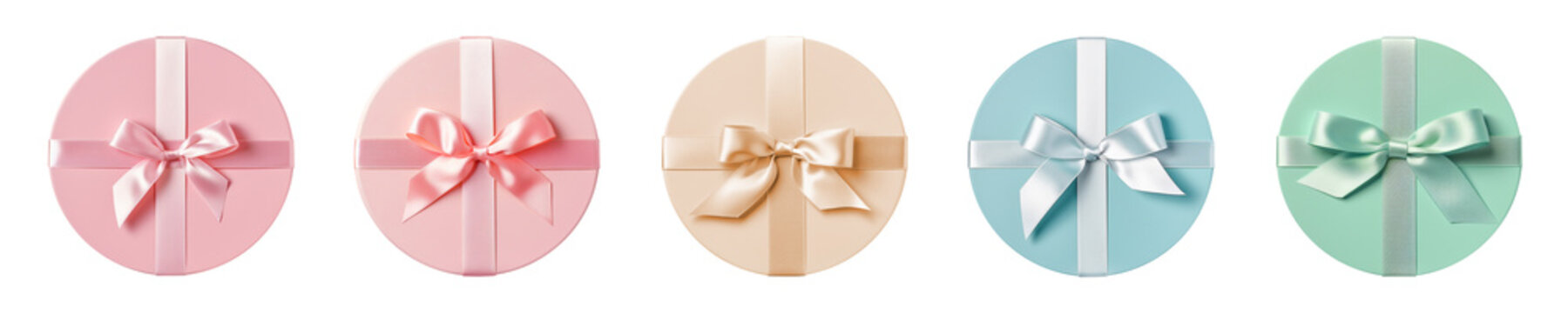 Pastel Color Round Gift Box With Ribbon On Transparent Background. Generative AI	