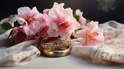Obraz na płótnie Canvas a bouquet of pink flowers sitting next to two wedding rings. generative ai