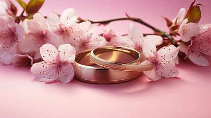  two gold wedding rings with pink flowers on a pink background.  generative ai