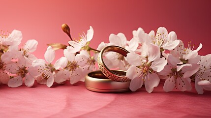 Obraz na płótnie Canvas two wedding rings sitting on top of a pink surface next to white flowers. generative ai