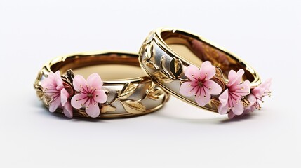  two gold wedding rings with pink flowers on each of them.  generative ai