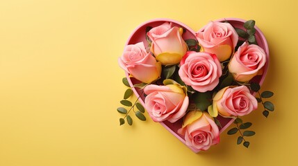  a heart shaped box filled with pink roses on a yellow background.  generative ai