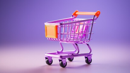  a purple shopping cart on a purple and purple background with a red handle.  generative ai