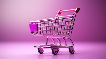  a purple shopping cart on a purple background with a pink handle.  generative ai