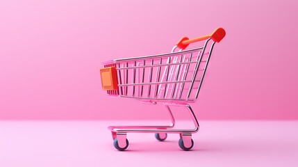  a pink shopping cart with an orange handle on a pink background.  generative ai