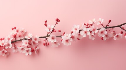  a branch of a cherry tree with pink flowers on a pink background.  generative ai