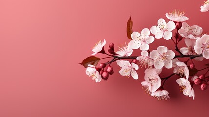  a branch of a cherry tree with white flowers on a pink background.  generative ai