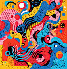 Colorful illustration with lines and shapes, with waves, in the style of pop art brights, figura serpentinata, playful yet morose, layered texture, absurd doodle AI Generative