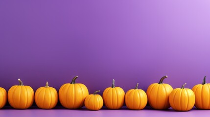  a row of pumpkins sitting in front of a purple background.  generative ai