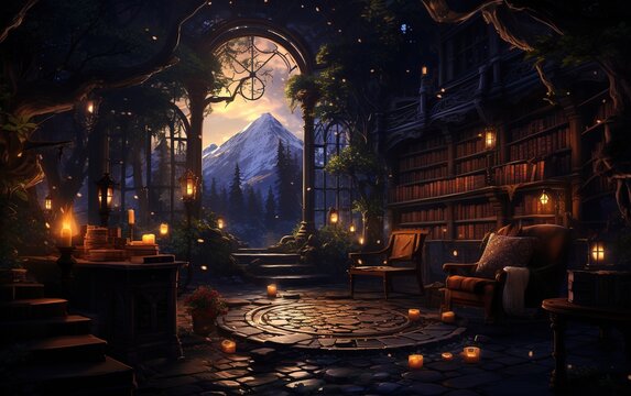 Cozy arcane study at dusk, background image, inviting ambience. magic world