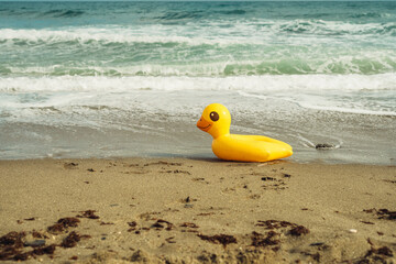 Fototapeta na wymiar lifebuoy yellow duck on the sand on the beach on a summer day