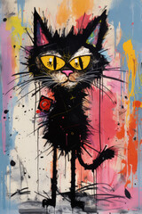 Funny expressionist black cat cartoon illustration made with Generative AI