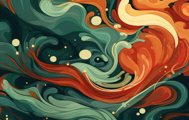 Abstract painting, in the style of art nouveau-inspired illustrations, dark orange and light emerald, organic shapes and lines, reefwave, editorial illustrations, palewave, leaf patterns AI Generative