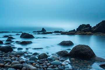 rocky beach in the fog.