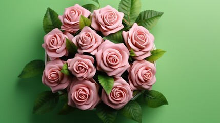  a bouquet of pink roses with green leaves on a green background.  generative ai