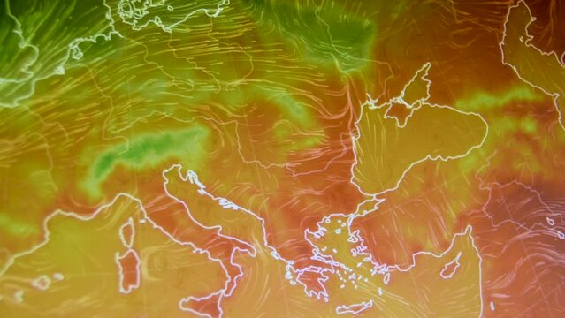 Hot weather over Europe. Warm air warming. Camera shot computer screen monitor. Camera shot computer screen monitor. Pixels visible. 