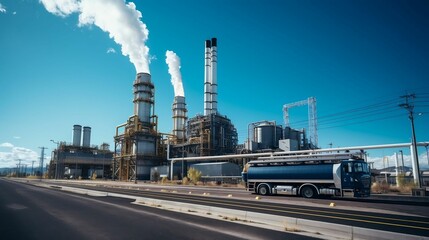 Power plant backdrop, fuel truck, clear sky