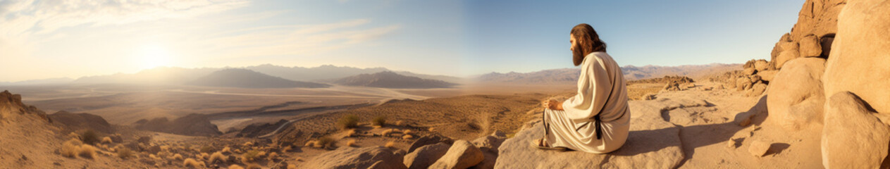 Fototapeta na wymiar Jesus Christ in the Judean desert. Christian background, banner. A man is sitting in the desert.