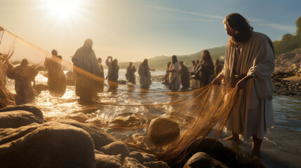 Jesus Christ is fishing with fishermen. Christian religious background, banner. - obrazy, fototapety, plakaty