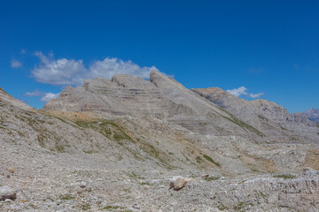 Spectacular panorama of the Triassic carbonate platform of the Latemar Massif, UNESCO world heritage site, Trentino-Alto Adige, Italy, Europe