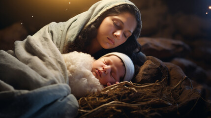 Christmas. Jesus Christ in the manger, the Virgin Mary. Christian Christmas illustration, banner, background.