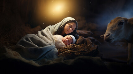 Christmas. Jesus Christ in the manger, the Virgin Mary. Christian Christmas illustration, banner, background.