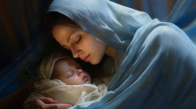 Christmas. The Virgin Mary with the infant Jesus Christ. Christian Christmas illustration, banner, background.
