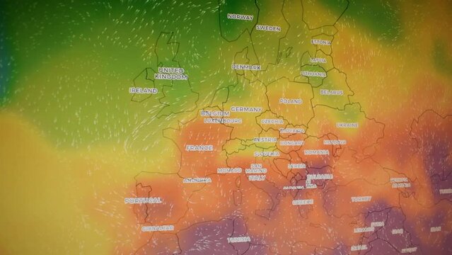 High temperature over Europe. Camera shot monitor computer screen. Camera shot computer screen monitor. Pixels visible. 