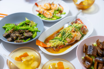 Chinese family dinner with asian cuisine food