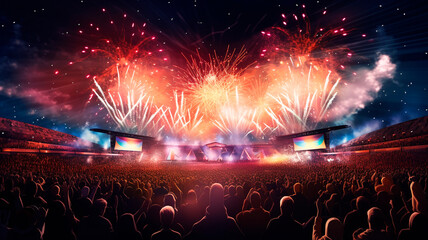 A live event, such as a concert or halftime show, taking place at a sports stadium. A large crowd of people cheering and enjoying the event. Spectacular fireworks or pyrotechnics illuminating the sky.