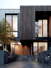Modern minimalist private black house decorated with wood cladding. Residential architecture exterior.