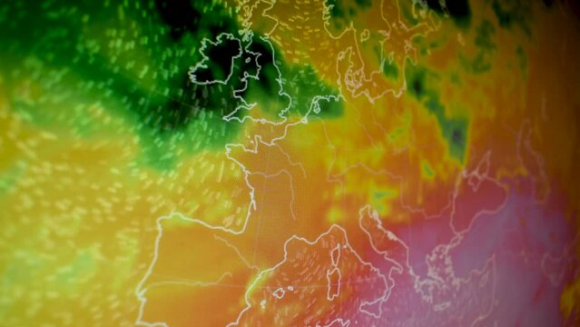 Heat wave over Europe. Camera shot computer screen. Hot climate anomaly. Global warming.