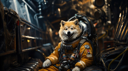 Fototapeta na wymiar little astronaut dog working on space station wearing yellow suit, Generative AI