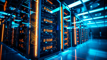 Cutting-edge data servers with exceptional performance. Ultra-high-performance servers neatly arranged in a data center rack, running at maximum capacity with stability and optimal processing power. 