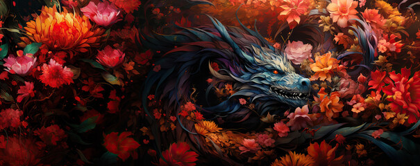 Fantasy floral dragon on a colorful floral background.