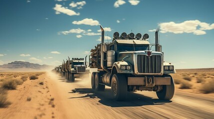 A convoy of heavy military transporter vehicles under a clear blue sky