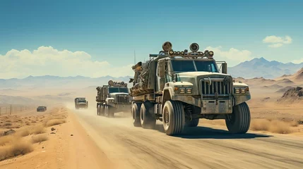Tableau sur plexiglas Véhicules A convoy of heavy military transporter vehicles under a clear blue sky  © Abdul