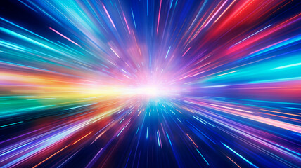 A background featuring light speed, hyperspace, and space warp. Colorful streaks of light converge towards the event horizon, creating a captivating visual display 