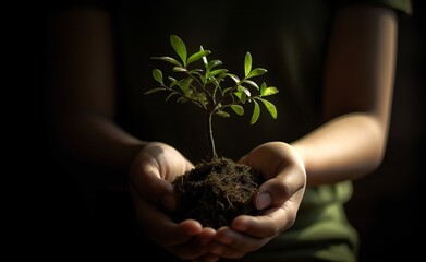 Plant in Hands. Ecology concept. Nature Background