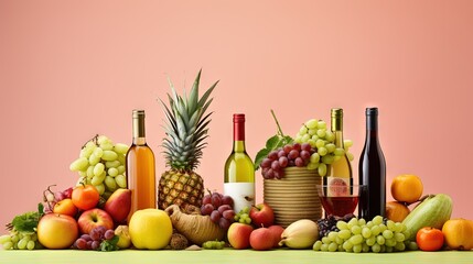  a table topped with lots of different types of fruit and wine.  generative ai