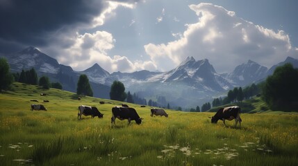 Cows graze in the Alpine mountains